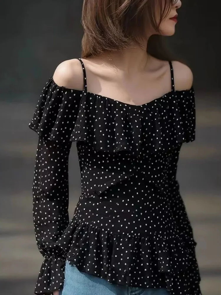 Y2k Spicy Girl Style Shirts Slash Neck Flare Sleeve Off Shoulder Ruffles Polka Dot Blouses Slim Tops Design Women's Clothing