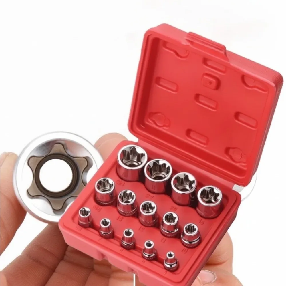 Durable 14 PCS Female Torx Socket Set Star-Shaped With Case Star Socket Set E4-E24 E-Torx Socket Set for Workshop