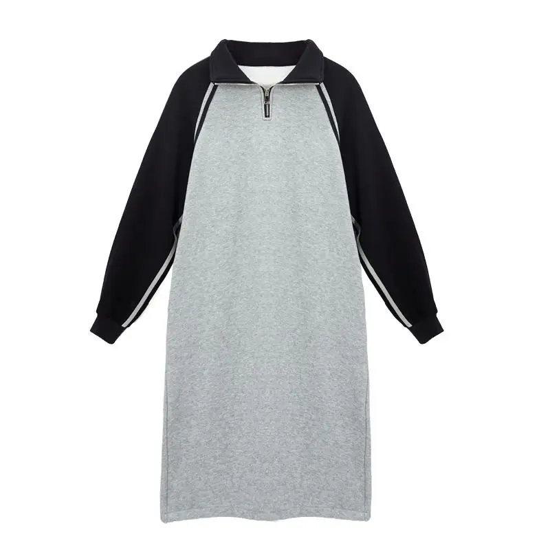 Long Sleeve Dress Women Daily All-match College Baggy Patchwork Lady Clothes Stand Collar Leisure Harajuku Thicker Cozy Casual