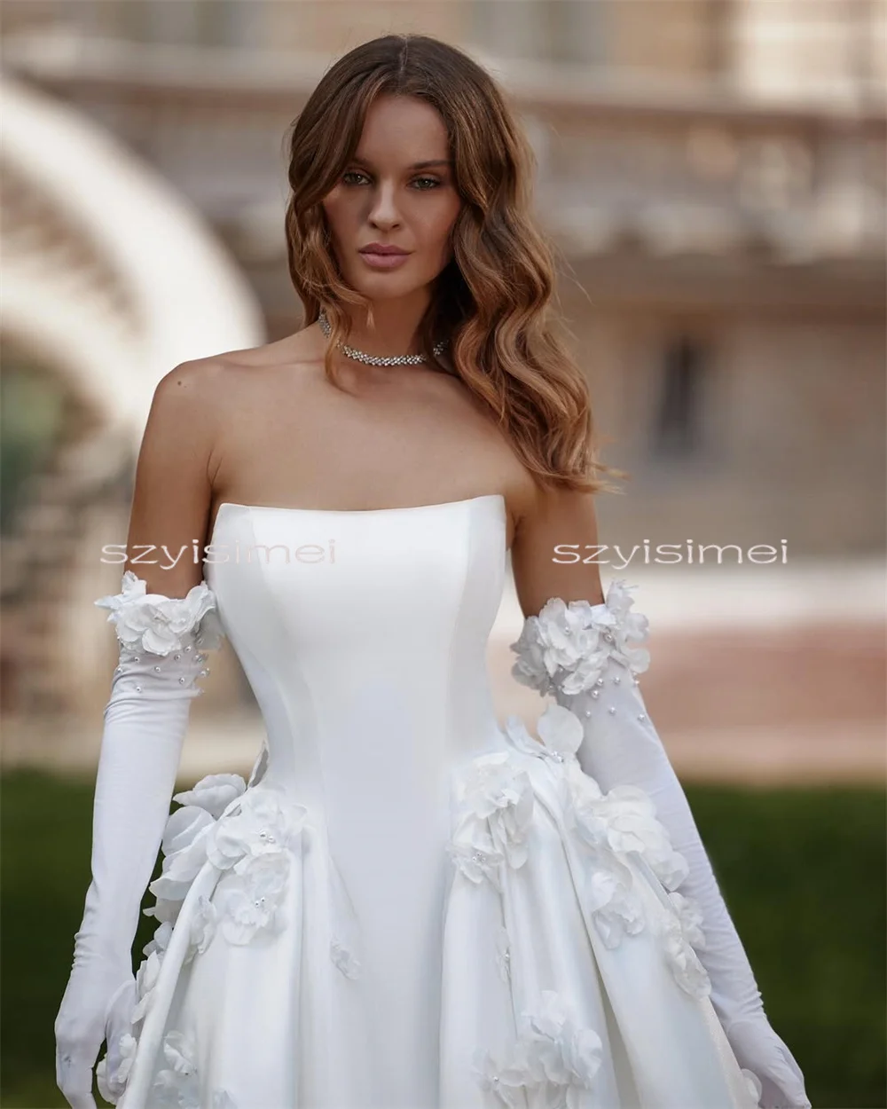Stunning Strapless Neckline Satin Bridal Grown With 3D Flowers A Line Wedding Dresses Back Lace Up Customized Vestido De Noival