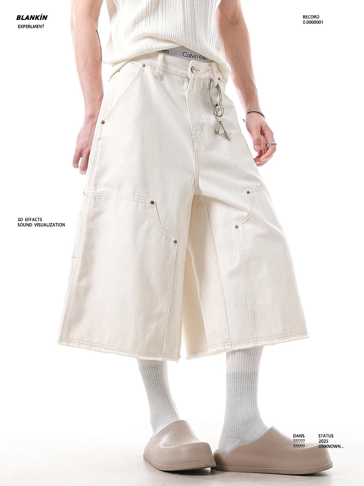 

BLANKIN Summer American Retro White Loggers Workwear Seven-Foot Pants ex Faded Trendy Straight-Cut Medium-Waist Trousers