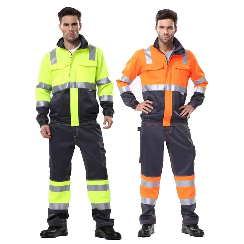 

Safety Work Clothes Men Set Two Tone Workwear Reflective Jacket with Multi Pockets Hi Vis Work Pants for Men Construction
