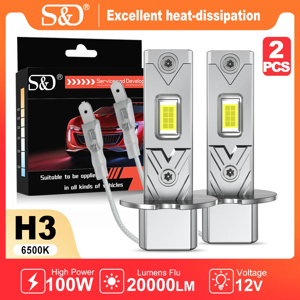S&D H3 LED Headlight Bulb 100W 20000LM Car Headlight 3570 CSP Chips 6500K White Super Bright Wireless Auto Fog Lamp Fog Lights