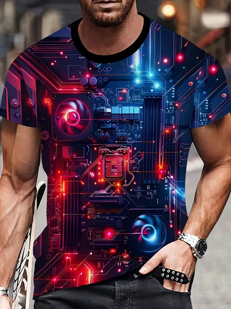 موضة تي شيرت رجالي ثلاثية الأبعاد مستقبلية الميكانيكية تي شيرت مطبوع الشارع Cyberpunk العصرية س الرقبة قمة الصيف الرجال Y2k ملابس كاجوال #1