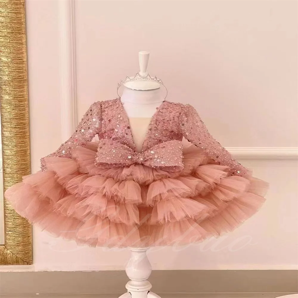 Flower Girls Princess Sequins Baby Wedding Christmas Party Trailing Dress Teenager Children Kids Elegant Vestidos for 2-14Years