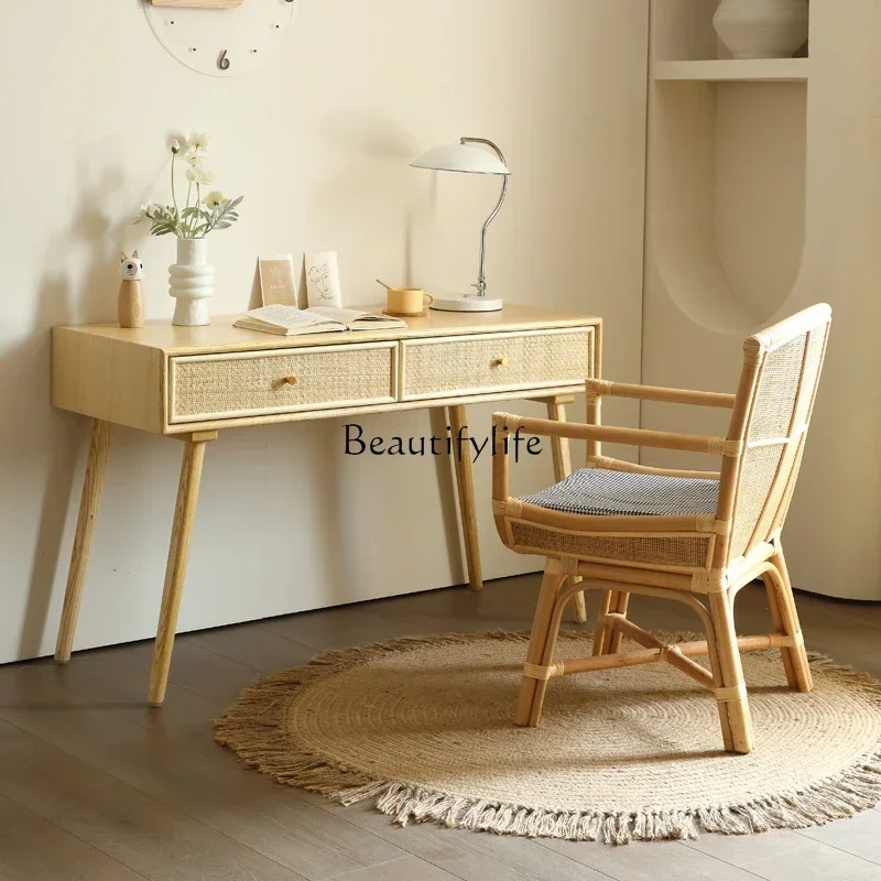 

06 Nordic Solid Wood Home Rattan Desk Modern Minimalist Study Desk with Drawer
