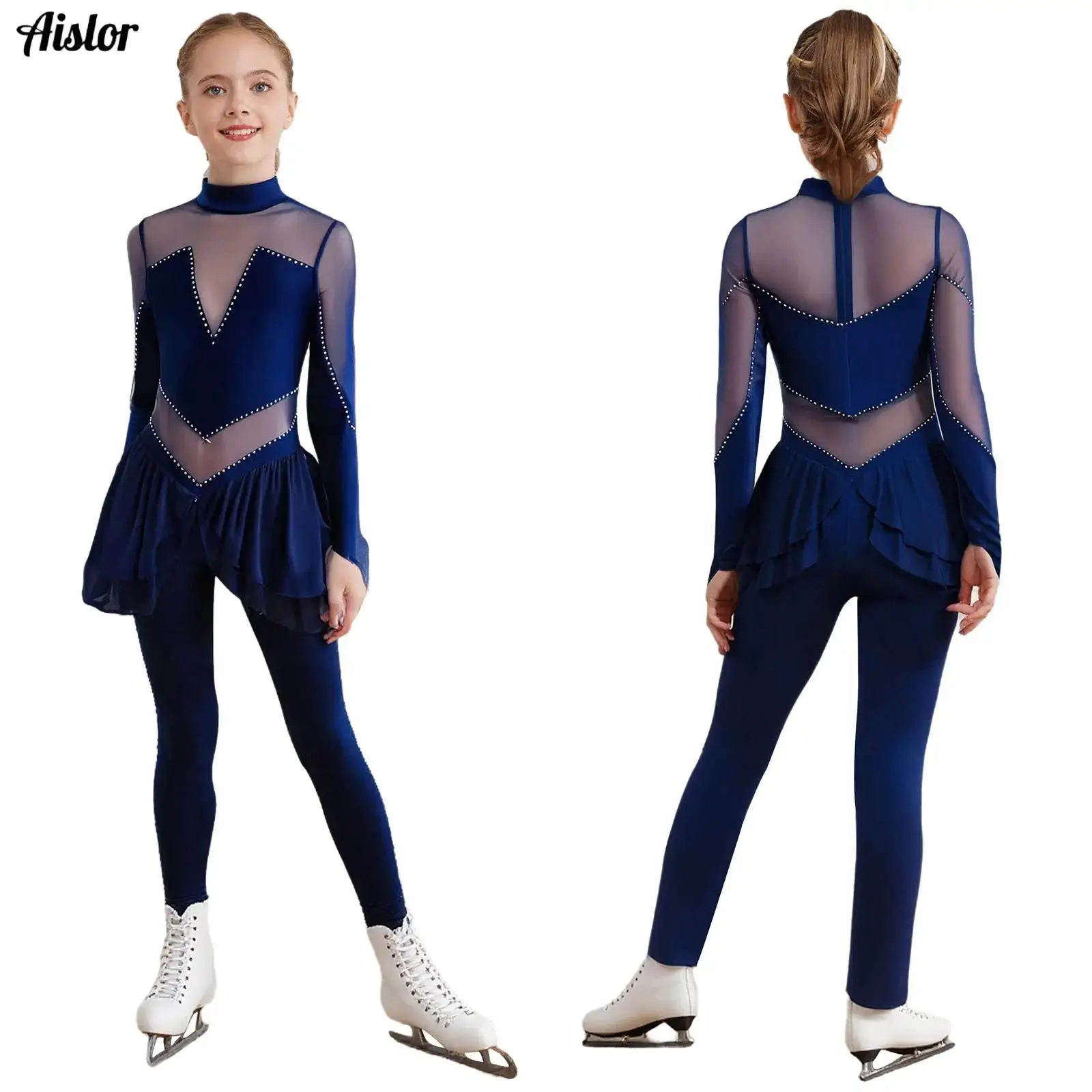 

Kids Girls Acrobatic Gymnastics Performance Jumpsuit Long Sleeve Sheer Mesh Patchwork Shiny Rhinestones Figure Skating Bodysuit