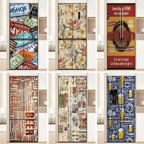 Retro Graffiti Poster Fridge Door Sticker Decals Waterproof PVC Tiling Floral Pattern Refrigerator Door Wrap Cover Kitchen Decor