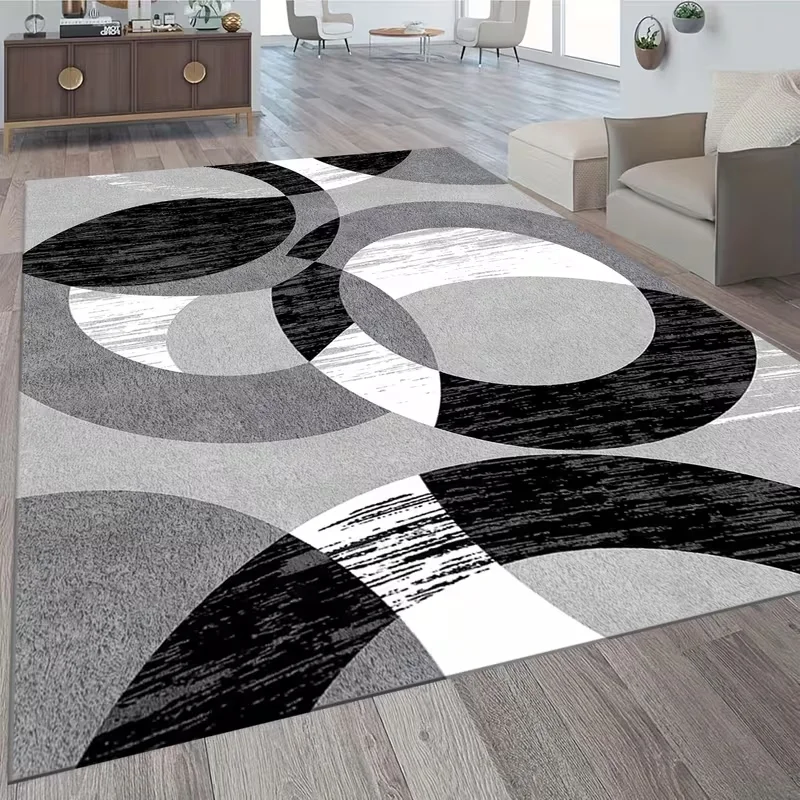 Black White Gray Abstract Semicircle Area Rug Modern Brush Stroke Geometric Print Soft Carpet Minimalist Mat For Living Room