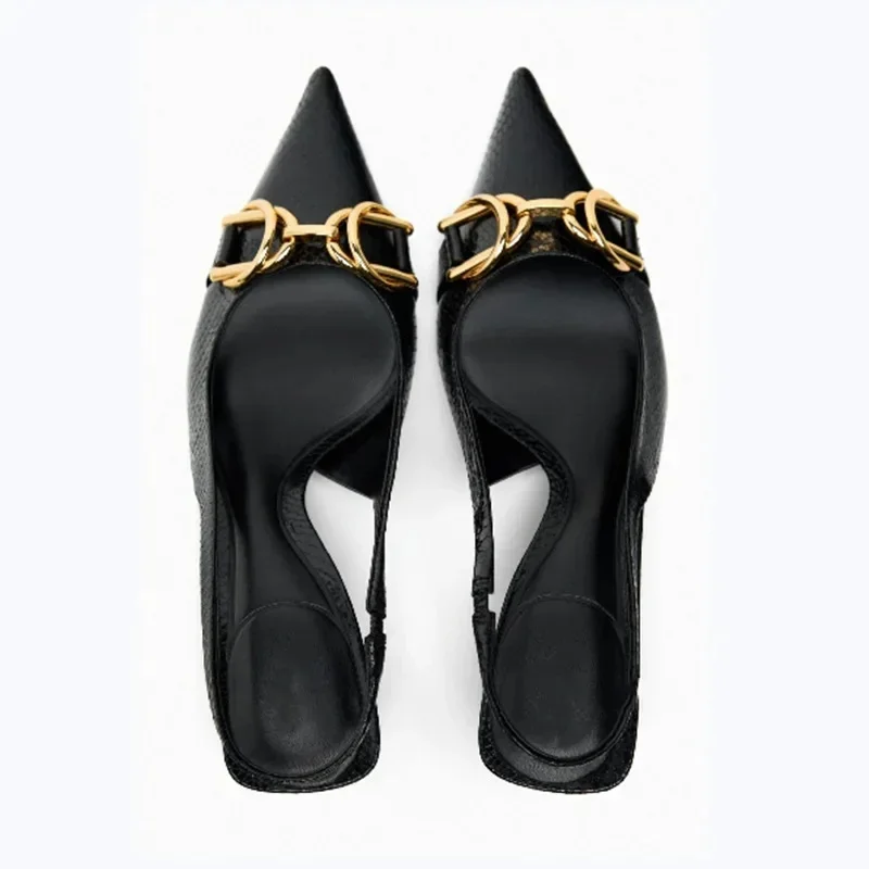 TRAF Women Golden Metal Chain Pointed Toe High Heels 2024 Summer Black Pumps Woman Party Stiletto Shoes Slingback Heeled Sandals