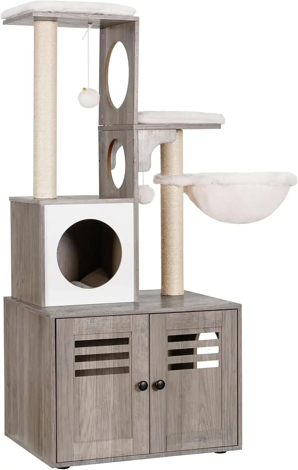 

Cat tree Wood Litter Box Enclosure with Food Station All in one Indoor Cat Furniture with Large Platform and Condo Modern
