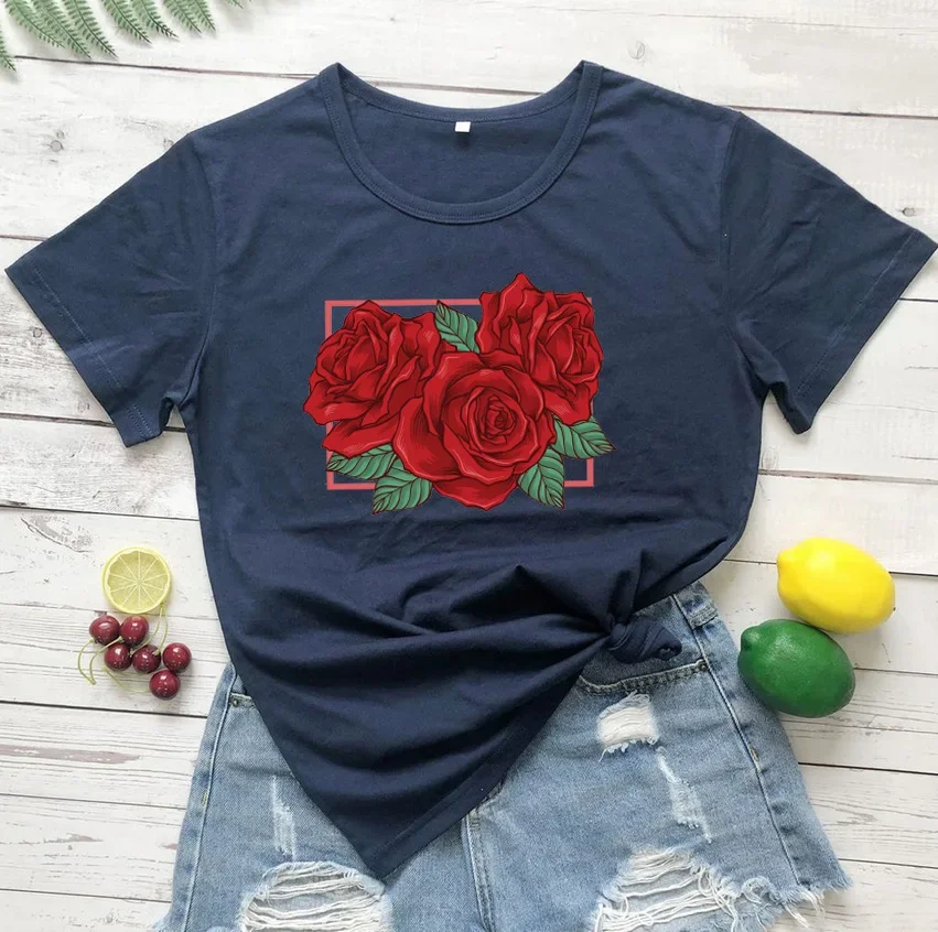Red Rose Flower Print T Shirt Women Short Sleeve O Neck Loose Tshirt Women Causal Tee Shirt Tops Camisetas Mujer