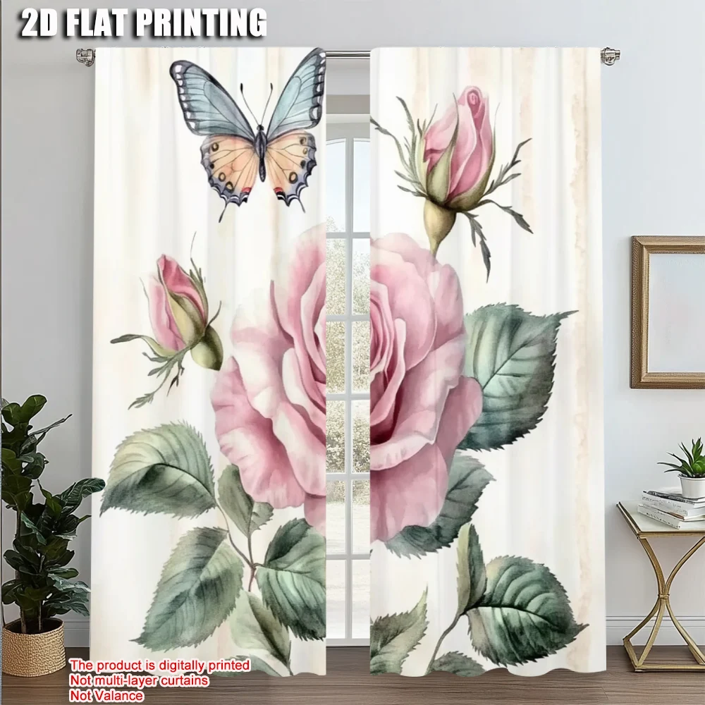 

2pcs, Minimalist Curtains 2D print Flowers Butterfly 1 Durable Polyester (without rod) Outdoor Decorations Ldeal for Living
