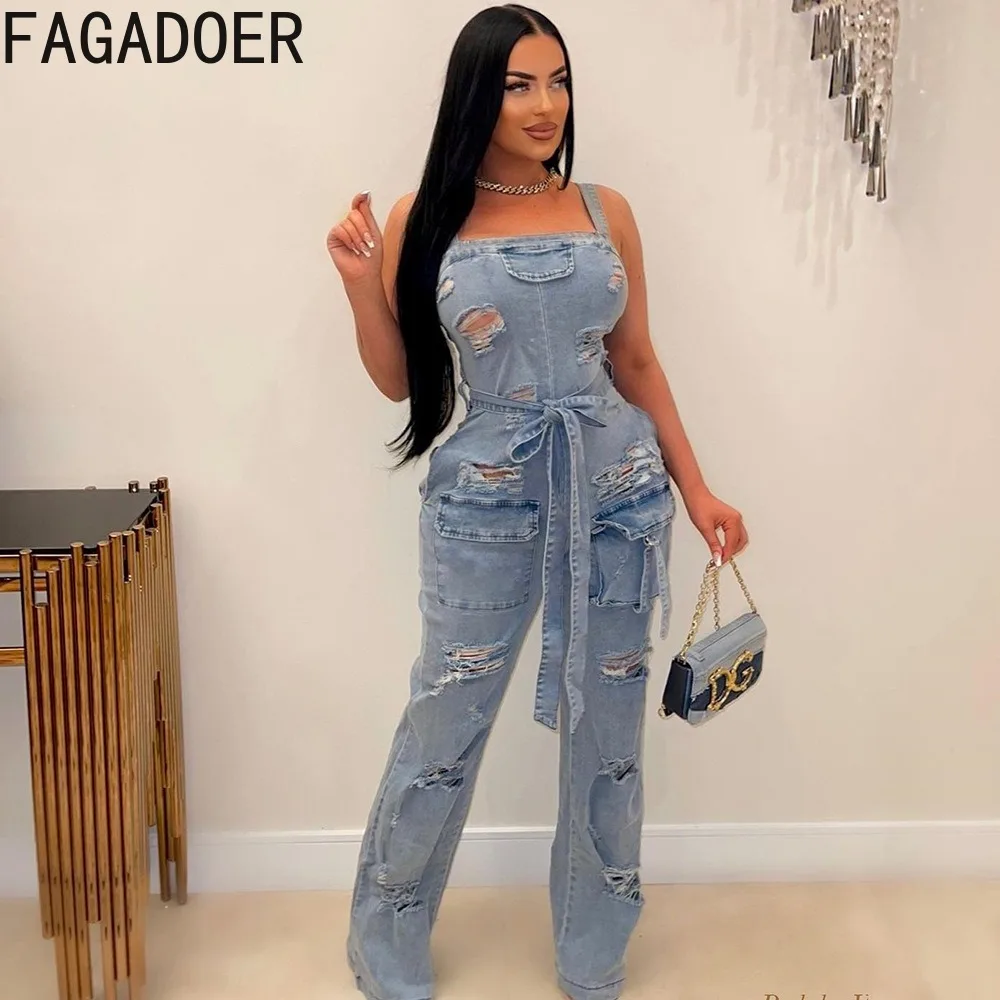 

FAGADOER Fashion Street Style Women Hole Tassels Denim Strap Sleeveless Jumpsuits Spring Female Lace Up Straight Cowboy Playsuit