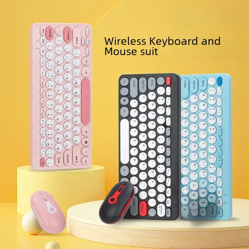 Colorful Macaron Wireless Keyboard Mouse Set Round Button 78 Key Universal Computer Keyboard Mouse Set Office Use Resolution