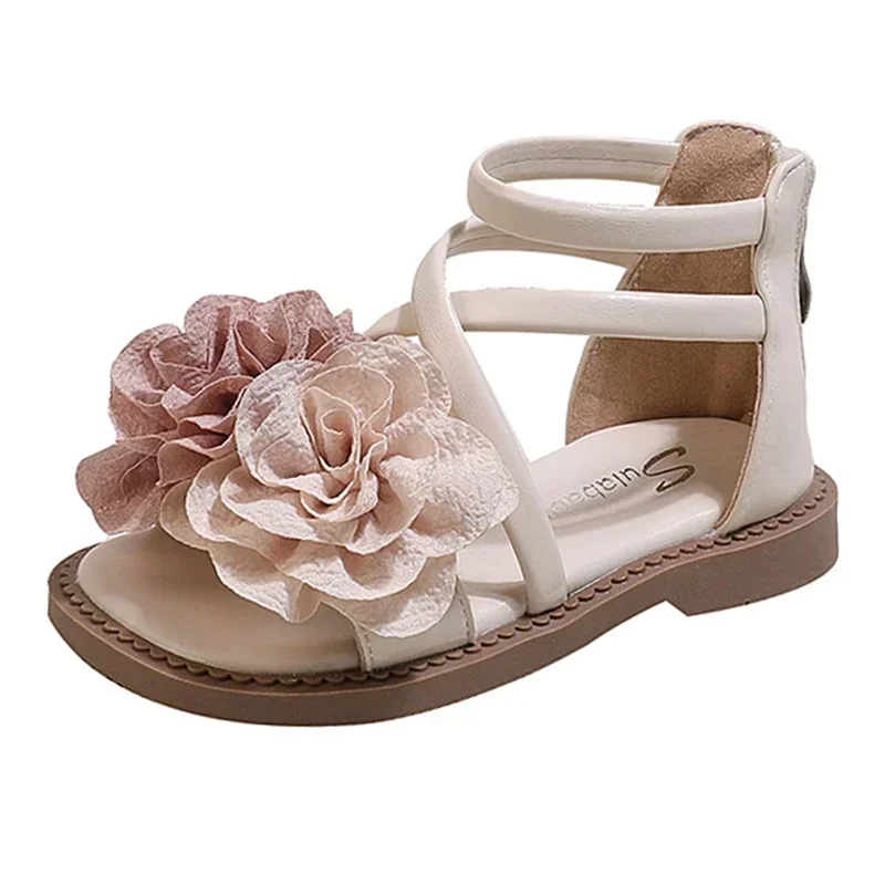 Sandalias romanas antideslizantes para niñas, zapatos de princesa con flores, suela suave, novedad de verano, 2024