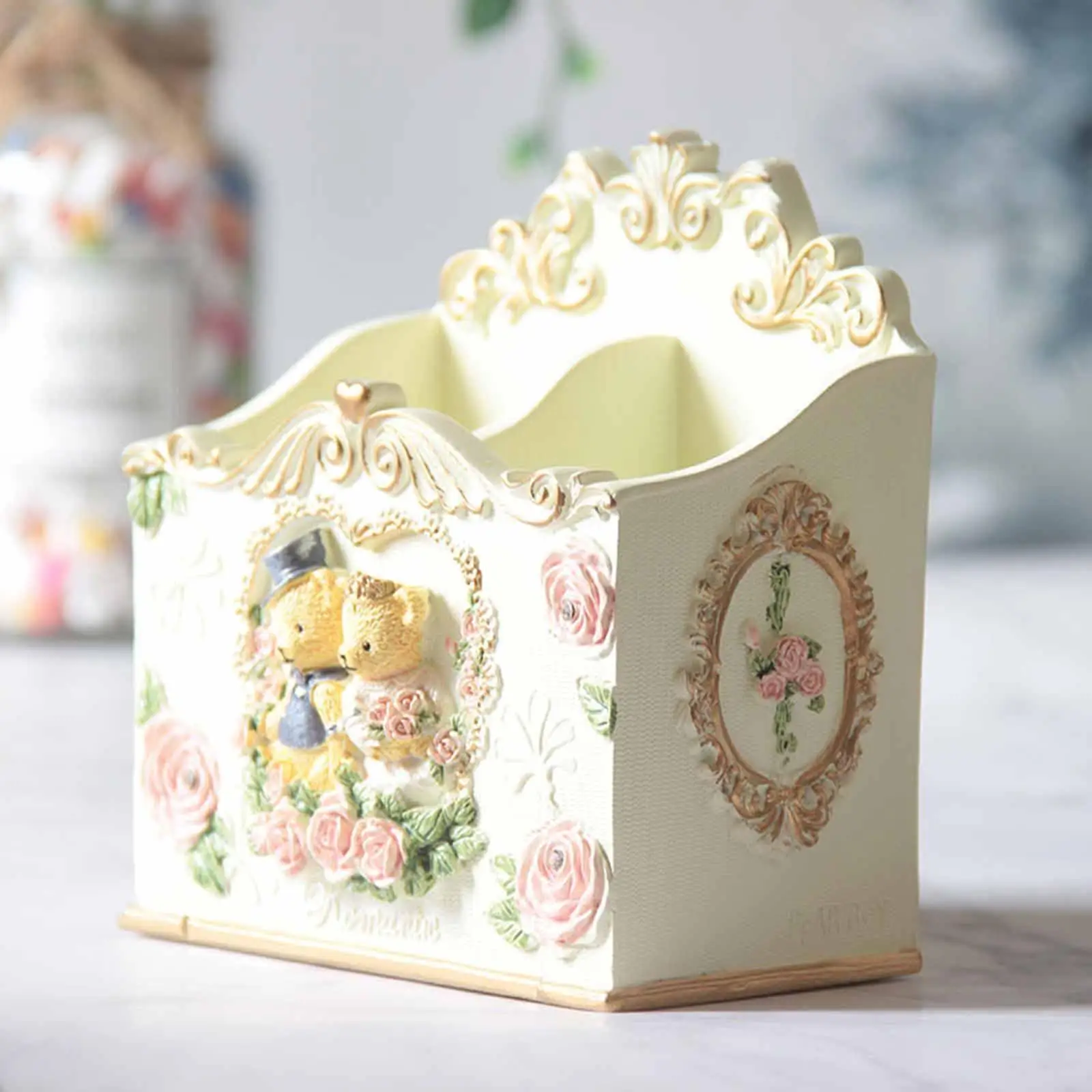 

Bear Pen Pencil Holder Stationery Organizer Storage Box 2 Slots Decorative Cute for Home Classroom Office Desktop Decoration