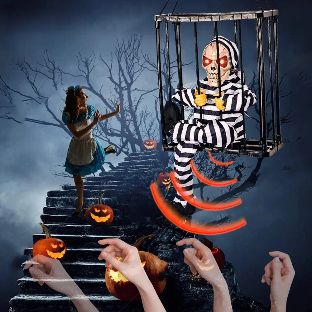 Halloween Hanging Ghost Toy Prisoner Cage Ghost Electric Luminous Sound Can be Hanged Back, Plain Clothes, Colored Leopard Print