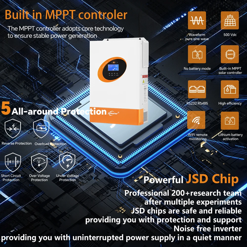 Jsdsolar 5.5KW Hybrid Solar Inverter Pure Sine Wave Inverter DC 48V AC 220V MPPT 100A PV Off Grid Inverter 500VDC WiFi Parallel