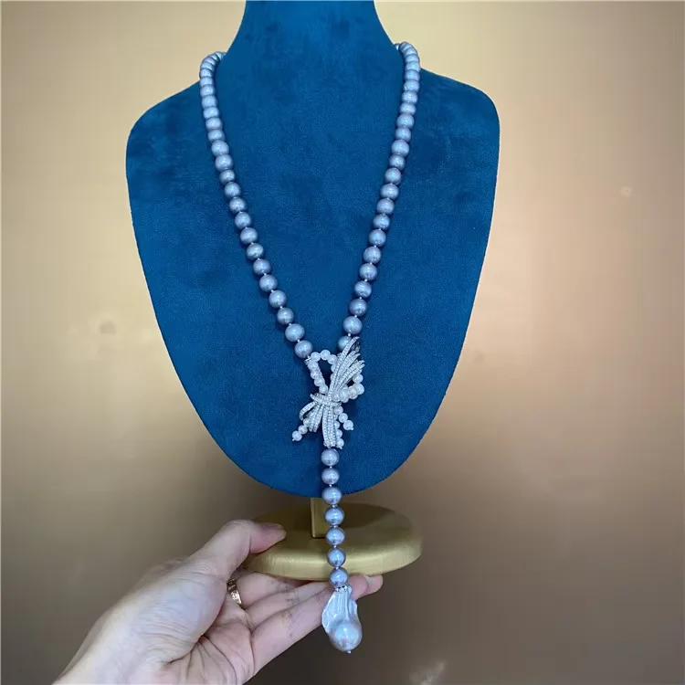 23'' Natural Gray Round Pearl With White Keshi Pearl Crystal CZ Pave Silver Color Plated Pendent  Necklace