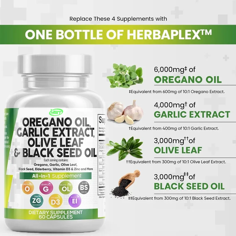 Origano oil, garlic, olive leaves, black seed oil, immune support and digestive health, vitamin D3, zinc -60 capsules