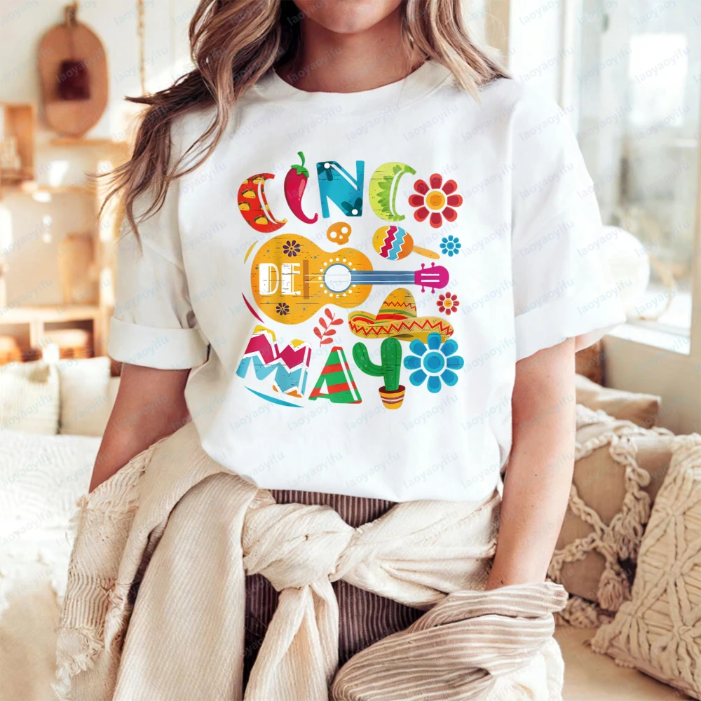 

Cinco De Mayo Shirt Fashion Guitar Skeleton Chili Wide Brim Hat Mexican Festival Style Print T-Shirt Women's Round Neck Tee Tops