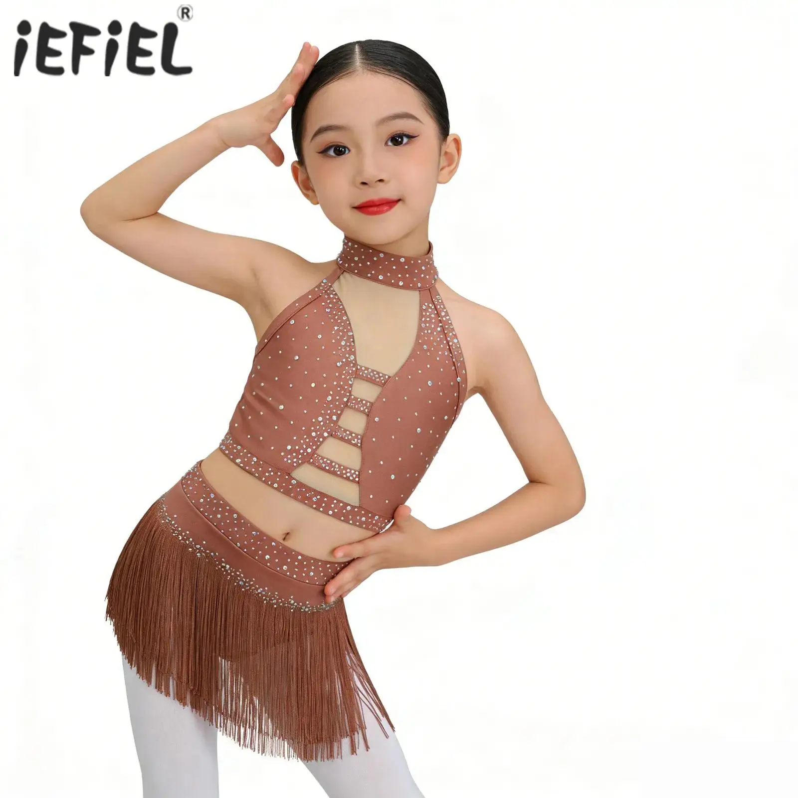 

Kids Girls Sparkling Latin Dancewear Halter Rhinestone Tassel Dance Outfits Halter Back Mesh Crop Top with Tassel Briefs Skirt