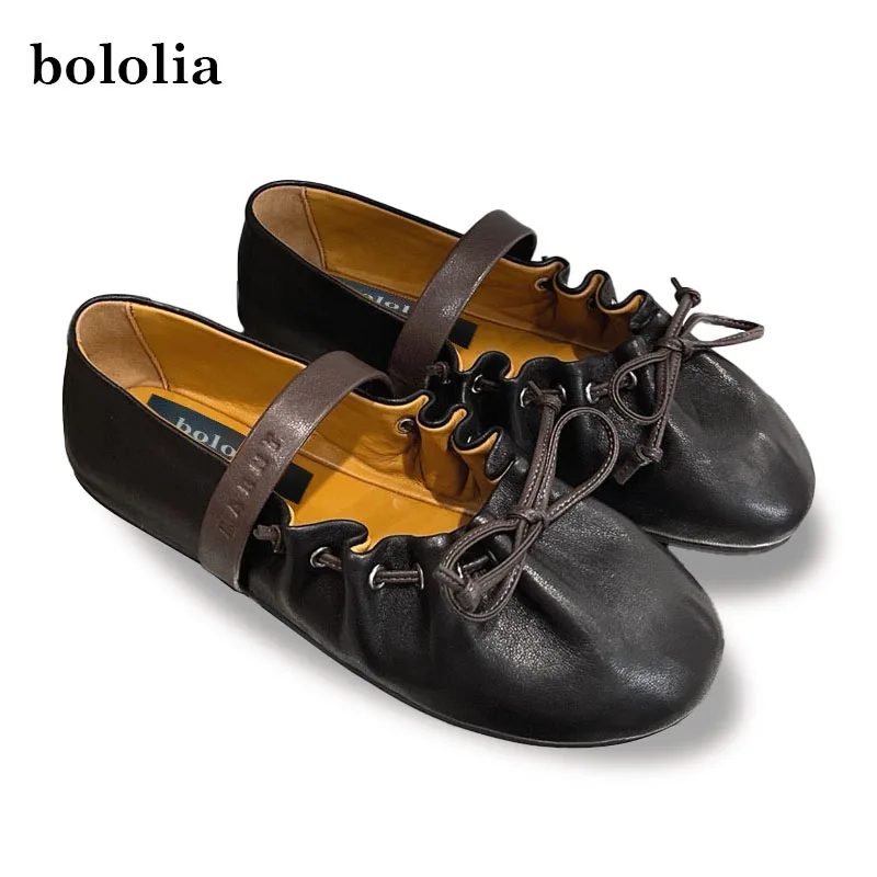 

BOLOLIA Women Causal Shoes Fashion Genuine Leather Flats Round-Toe Bow-Tie Ballet Pleated Mary Jane Handcrafted Shoes