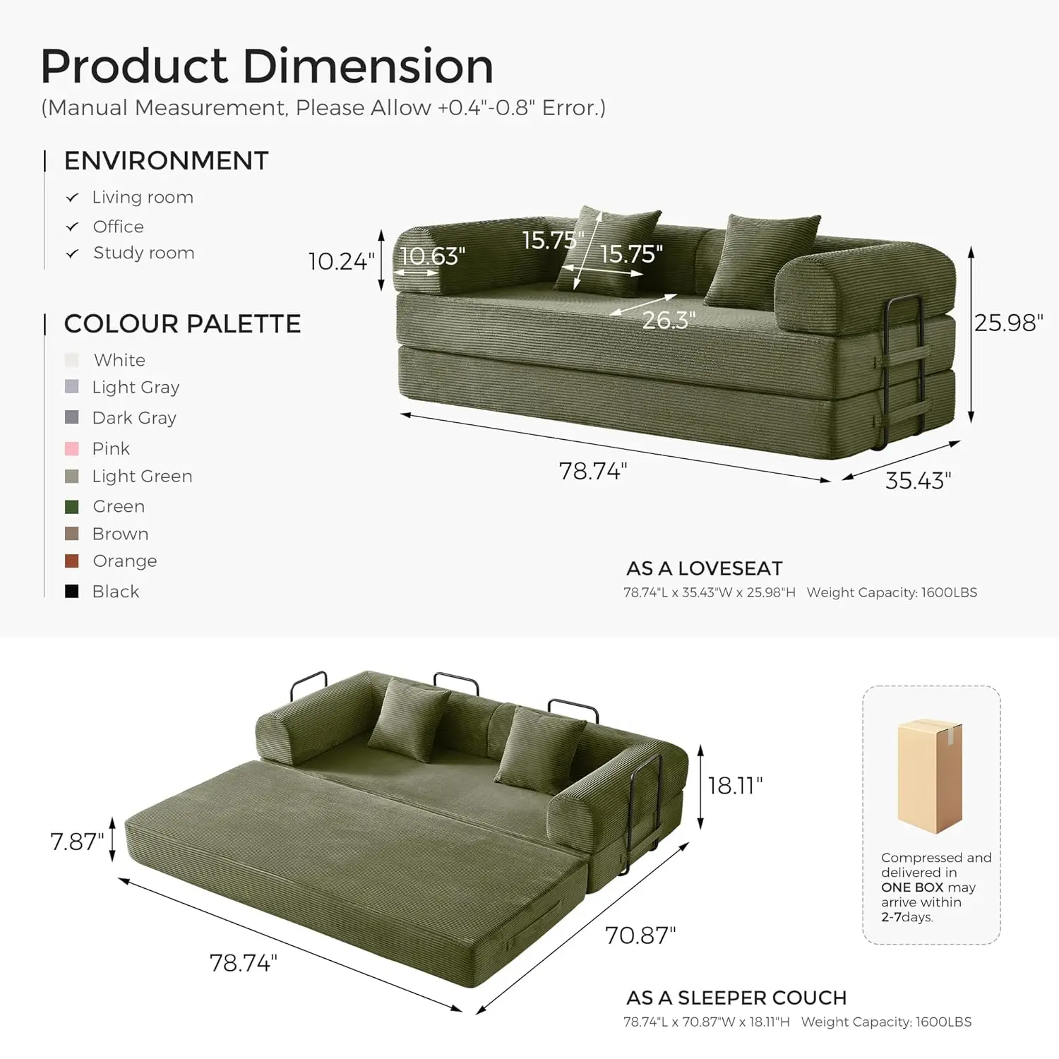 79" Convertible Sofa Bed with Fixed-Shape Frame & Removable Armrests, Modular Corduroy Sleeper Sofa, Folding Mattress Couch for
