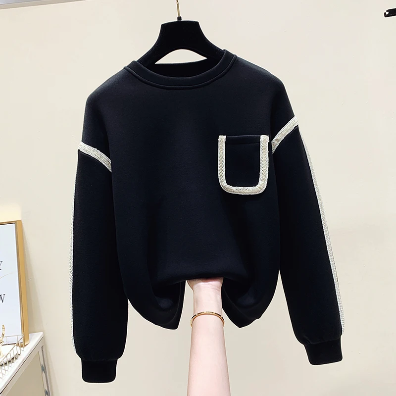 autumn Hoodies pocket Sweatshirt Streetwear Women Harajuku Oversized Pullovers Korean Fashion Casual Long Sleeve black Tops chic