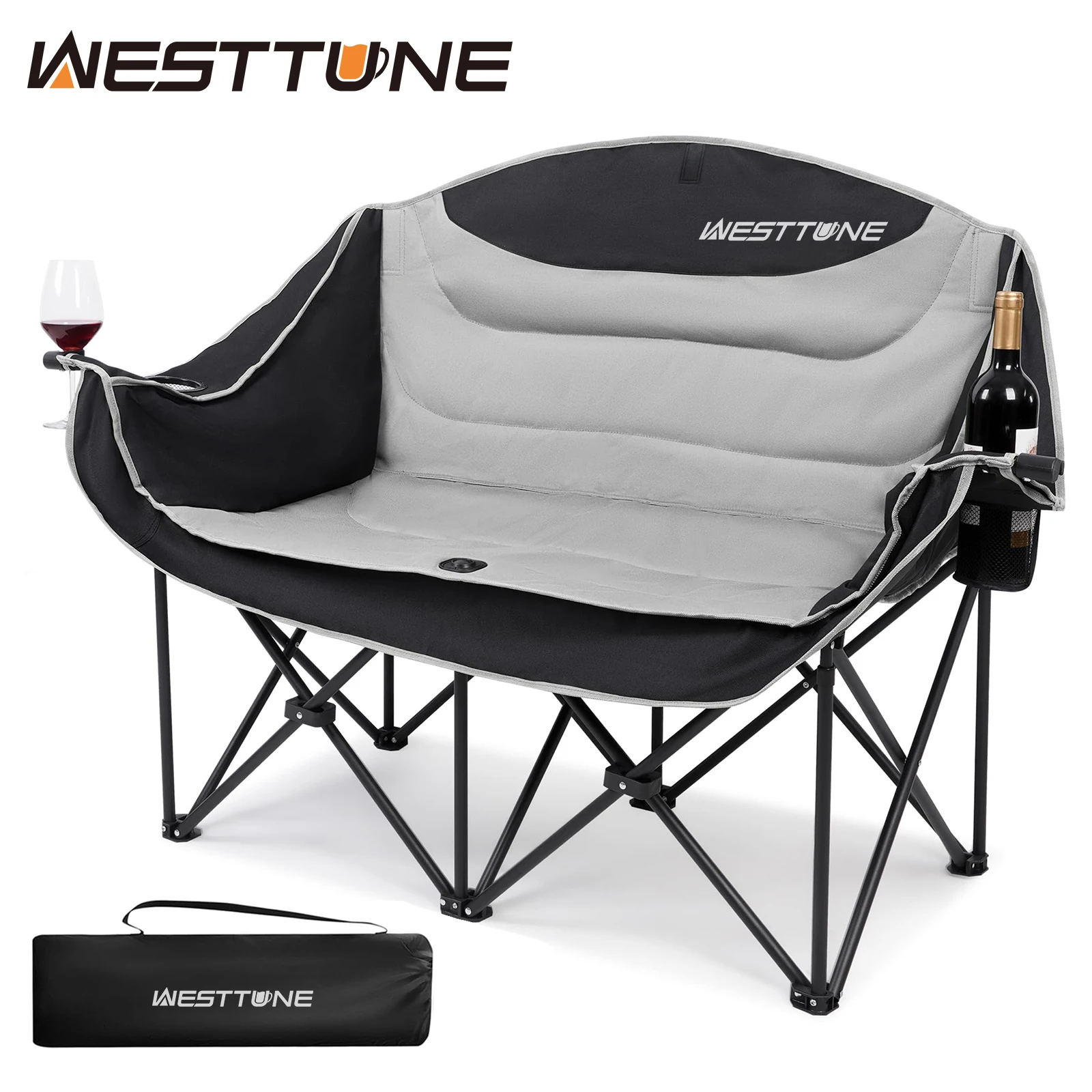 WESTTUNE Double Camping Chair Oversized Loveseat Outdoor Couch Heavy Duty Outdoor Folding Chair with Cup Holder Support 440 lbs