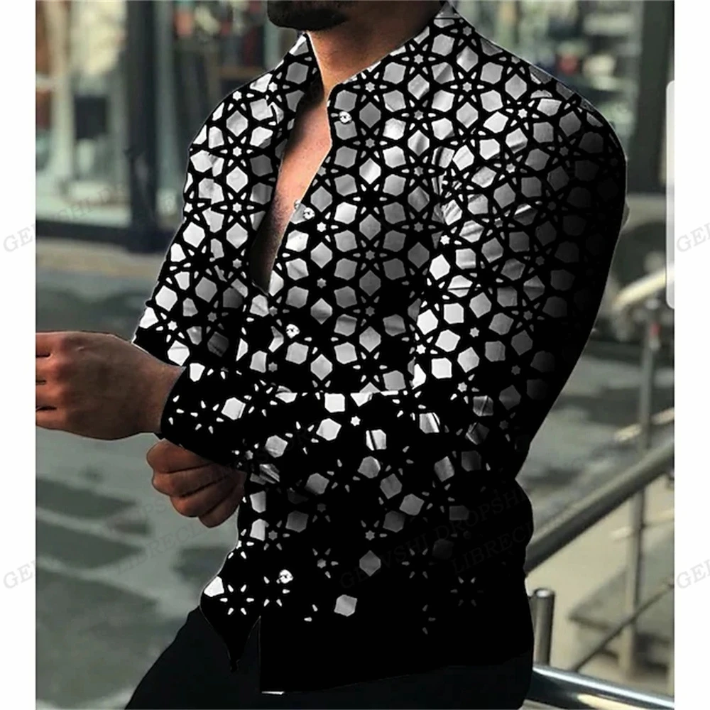 Camisas geométricas havaianas tridimensionais masculinas, blusa de praia de manga comprida, roupa masculina, moda, Cuba