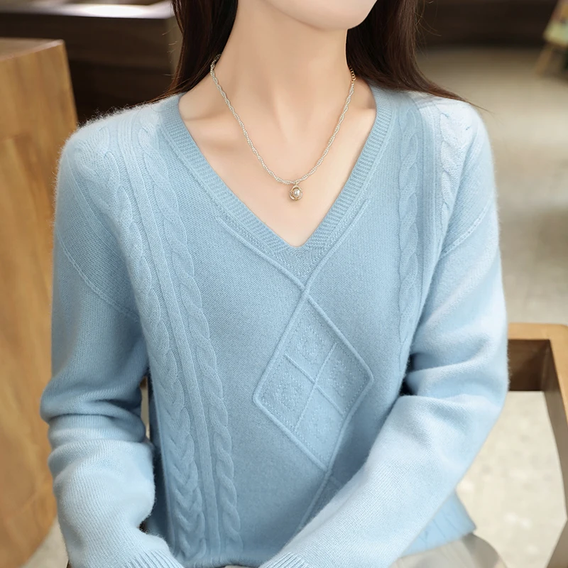 

Осенне-зимний свитер с v-образным вырезом, 100% мериносовая шерсть, женская одежда, модный вязаный женский жаккардовый свитер в клетку, куртка
