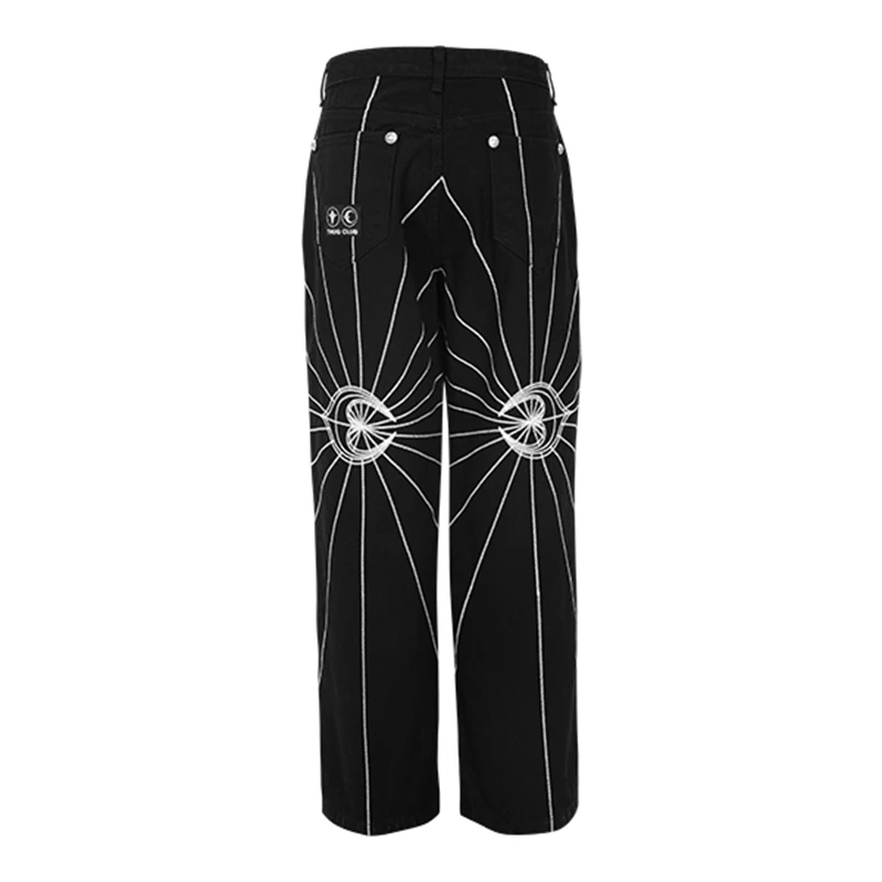 Streetwear Spider Web Embrodiery Black Jeans dla mężczyzn i kobiet Straight Ropa Hombre Baggy Denim Trousers Loose Cargo pants