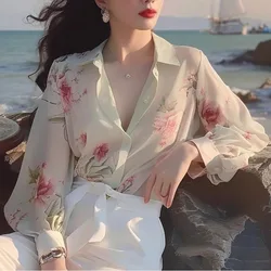 2024 Summer Shirts French Style Commute Chic Spliced Printed Single-breasted Ruched Women's Loose Polo-neck Long Sleeve Blouses