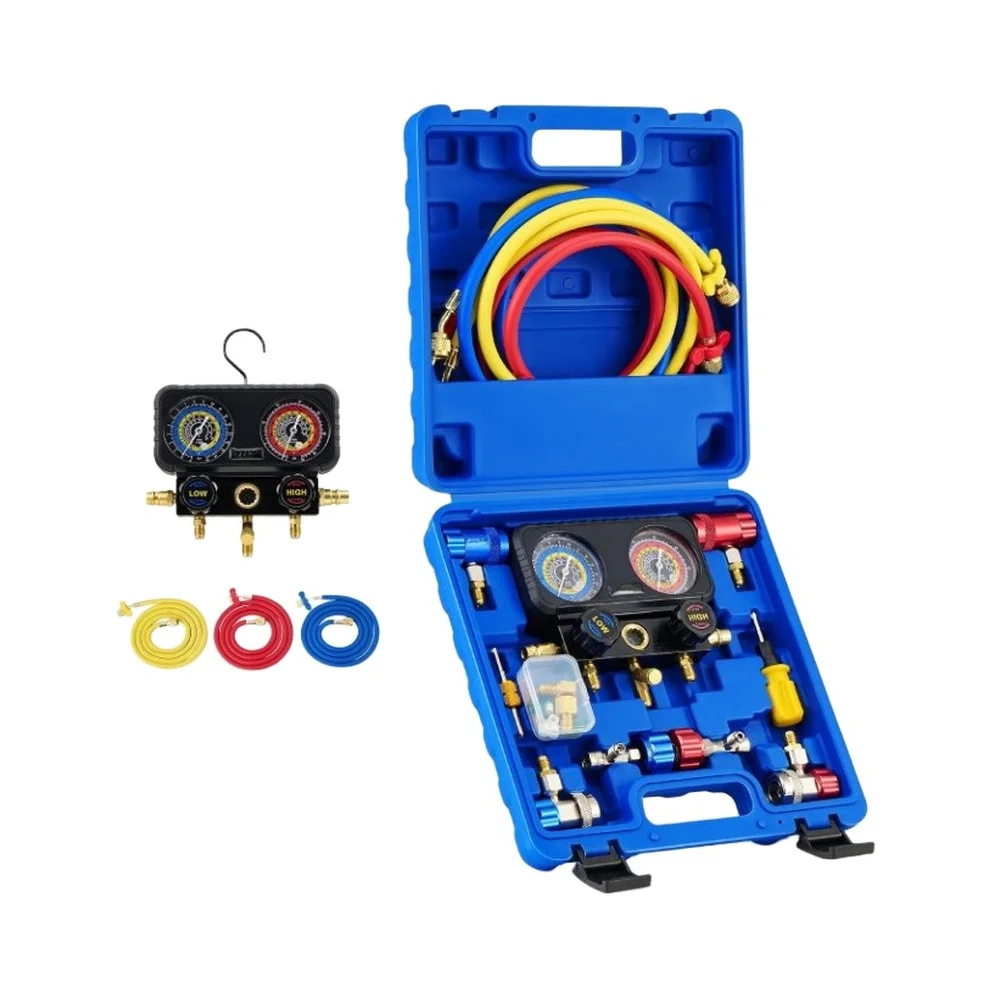 3 Way AC Manifold Gauge Set Aluminum Brass For R1234yf R134a R404a Charging Evacuation HVAC Repair Tool With Hoses