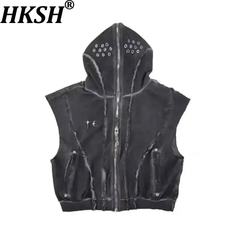 HKSH Spring Summer New Vintage Men's Tide Chic Ins Tide Punk Distressed Edge Hollow Out Metal Hooded Tank Top Zipper Vest HK1325