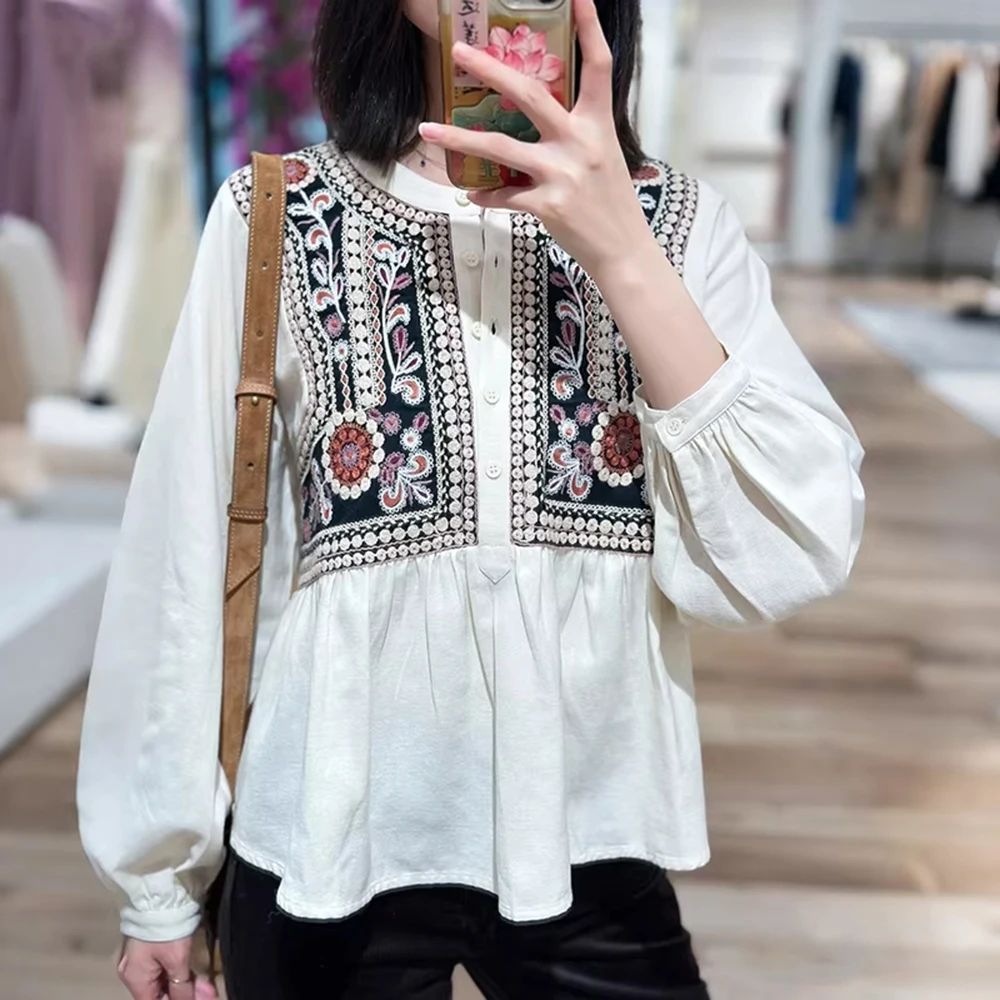 Floral bordado boho camisa feminina primavera outono tripulação pescoço retalhos designer camisas vintage topos senhora blusas elegantes 2026