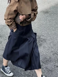 Fashion Striped Suit Pleated Skirt Women 2023 New Summer Harajuku High Waisted Skirts Y2k Streetwear Pocket Slim Long Skirts