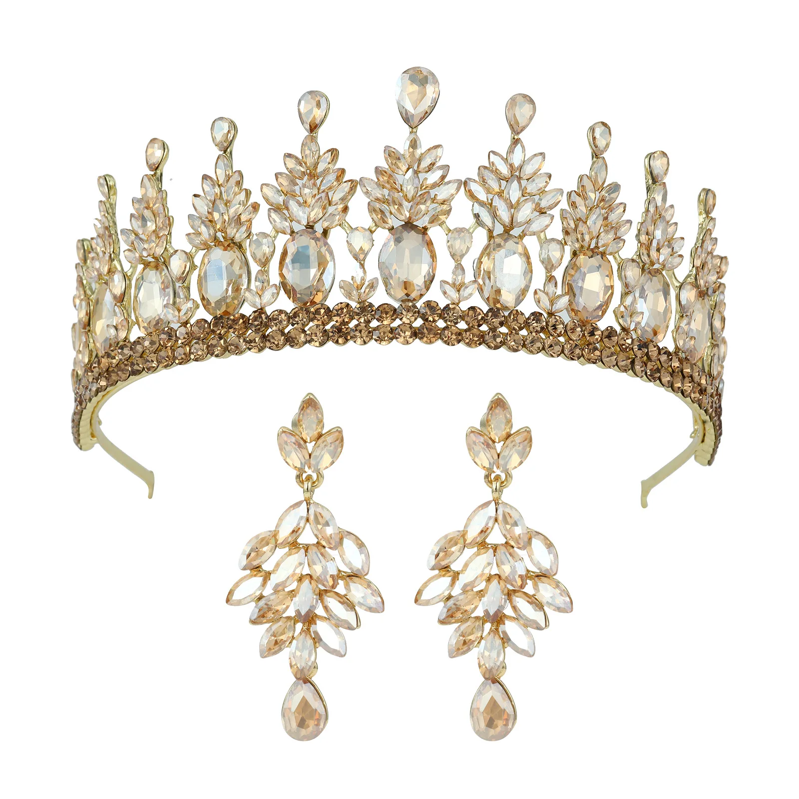 NEW Baroque Bridal Leaf Tiara Alloy Plated Crystal Wedding Crown with Earrings