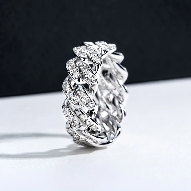MossanRappr 1.2/1.5/2.0mm Moissanite Iced Out Cuban Rings for Men Women 925 Sterling Silver Luxury Rock Hip Hop Jewelry Gifts