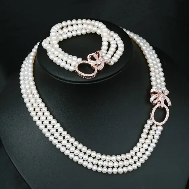 

3rows freshwater pearl near round 8-9mm necklace bracelet wholesale beads 18-20inch nature unique clasp