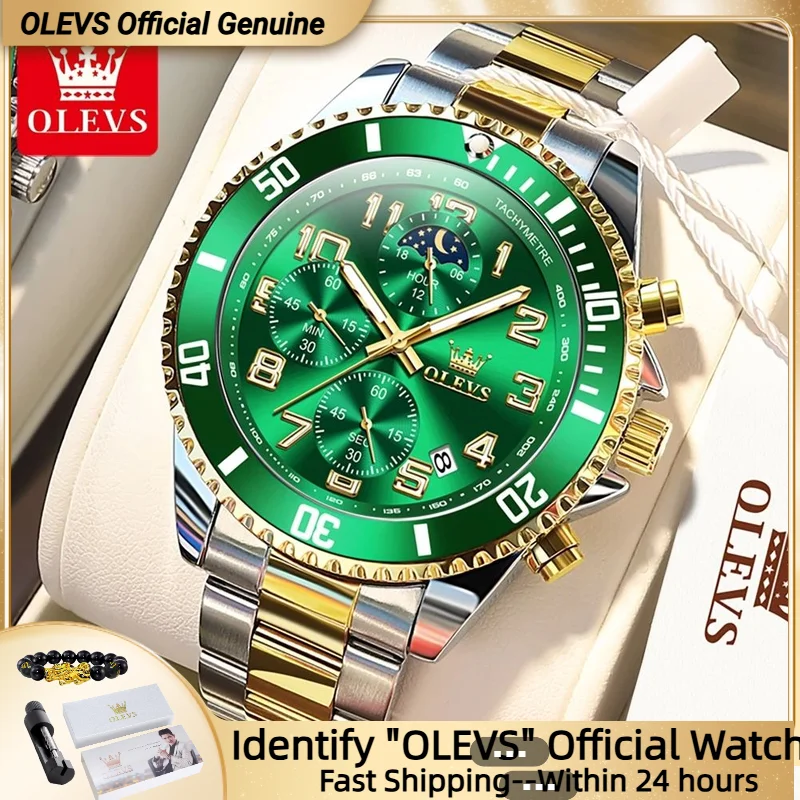 OLEVS Men's Watch Classic Fashion Waterproof Luminous Calendar Moon Phase Timing Code Watch Luxury Brand Gold Men's Quartz Watch