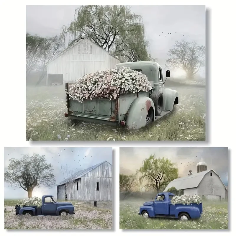 Abstract Truck with Blush Petunias Paintings Canvas Print Landscape Wall Art Nature Picture Posters Aesthetic Room Decor