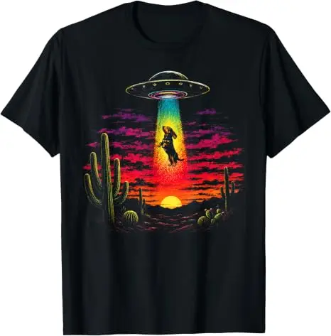 Lustiges Dackel-UFO-Abduktions-T-Shirt mit Wüstensonnenuntergang, Y2K-Alien-Abduktions-Hunde-Kunst, Ästhetische Kleidung, Neuartiges Geschenk, Sci-Fi-T-Shirts – Detail 8