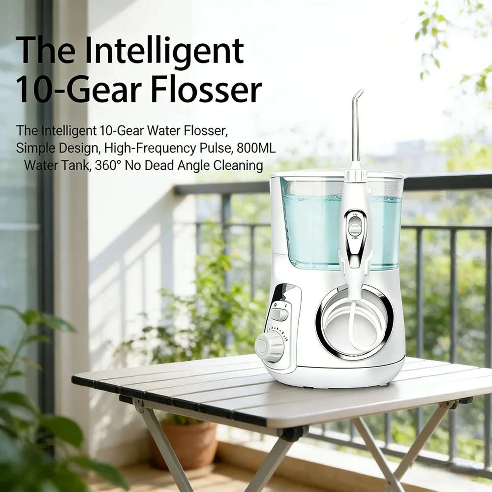 

800ML Electric Oral Irrigator 10 Modes 5 Replacement Tips Desktop Water Flosser for Family Dental Care Anti Bad Breath & Cavitie