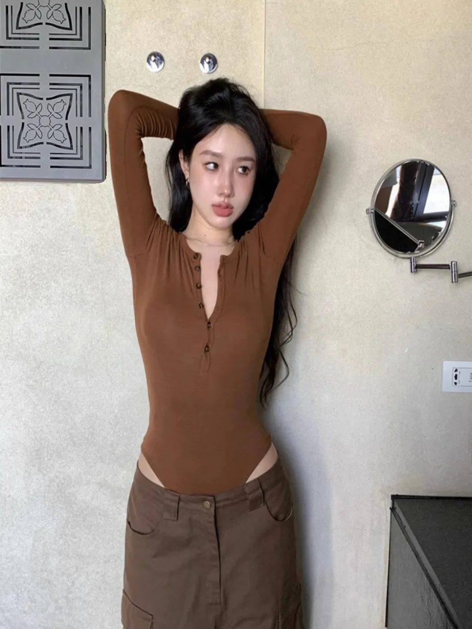 Camiseta Larga de Punto Estilo Americano Retro para Mujer, Sexy, Elástica, Ajustada, de una Sola Pieza, Color Puro, para Otoño