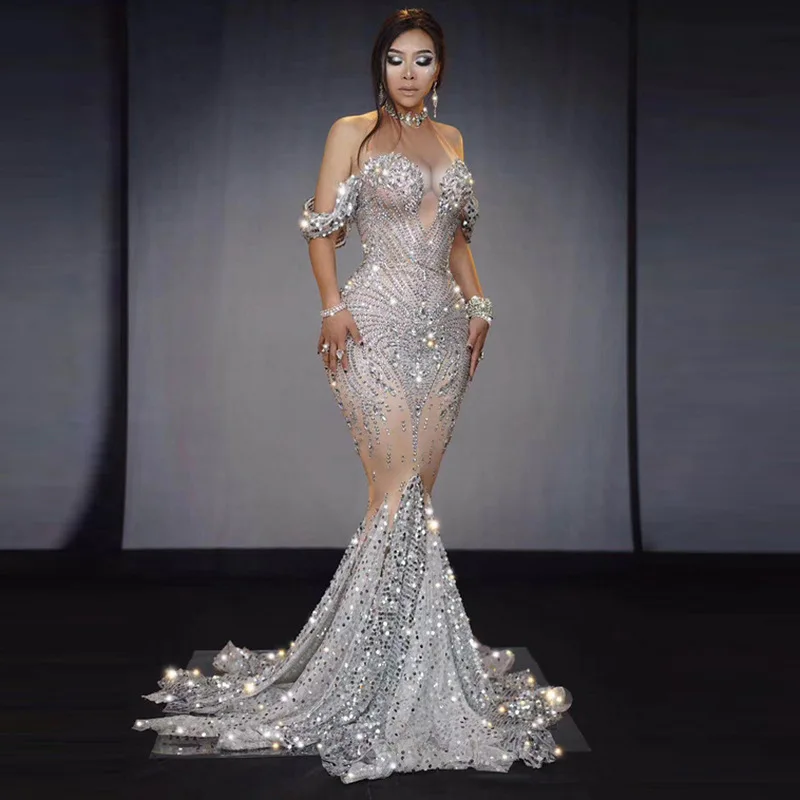 

Popular New Arrivals Bright Crystal Sequins Elegant Fishnet Dresses Off-Shoulder Wedding Dresses Dress Luxo Elegante Festa Longa