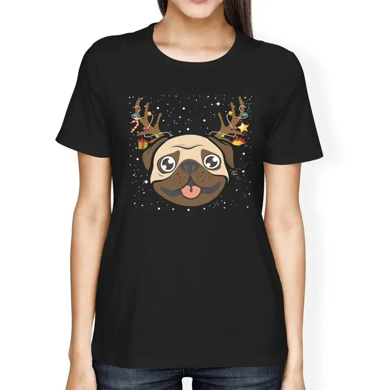 

Женская футболка свободного кроя 1T, очаровательный мопс с рогами оленя