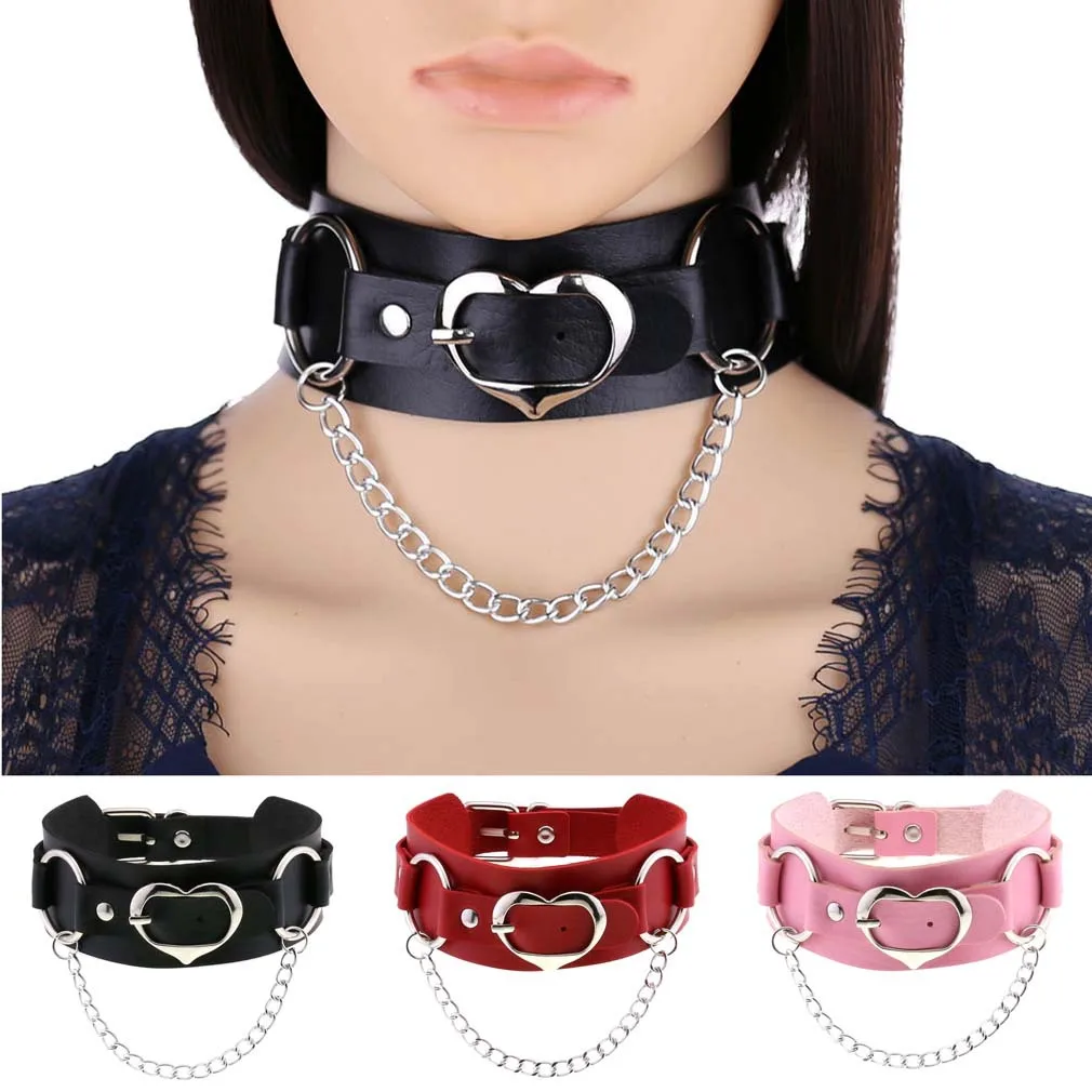 Punk Personality Gothic Rock and roll Creativity Nightclub Heart shape Chain Multicolored Leather Alloy Necklace Clavicle chain